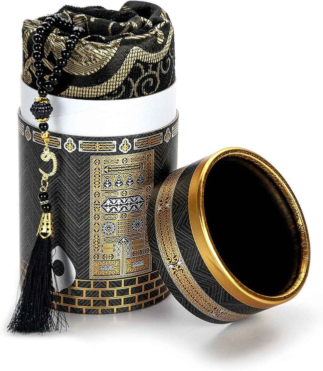 Kaaba Design Gift Boxed Portable Prayer Rug and Islamic Beads | Elegant Gift Pack | Islamic Gifts (Black)