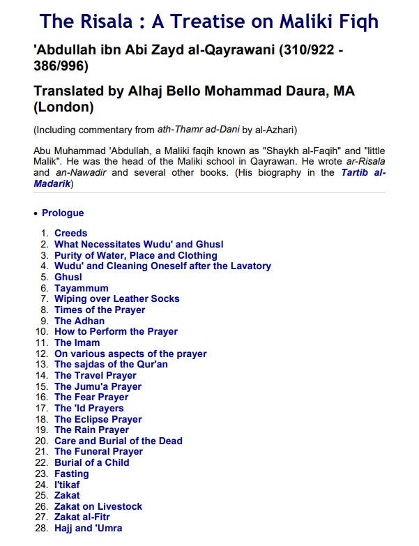 Risalah : A Handbook on Maliki Fiqh By Imam Ibn Abi Zayd al-Qayrawani - Al-Huda Global Limited