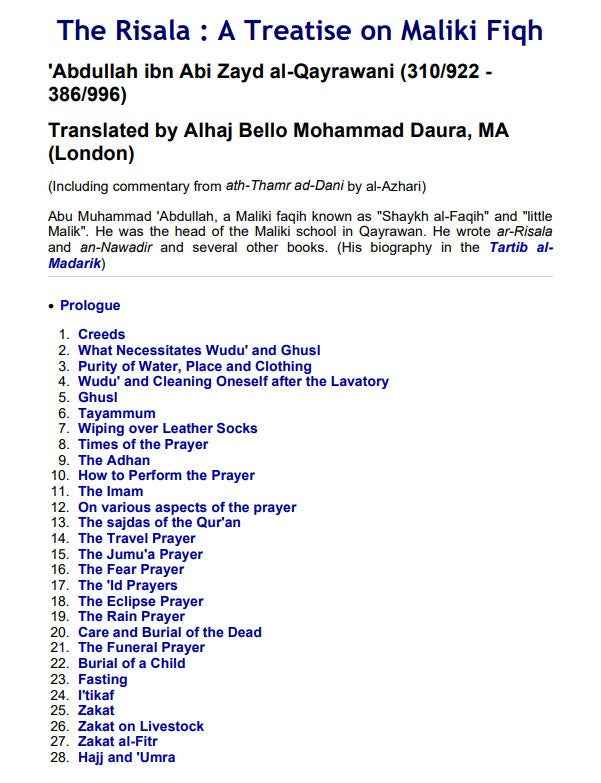 Risalah : A Handbook on Maliki Fiqh By Imam Ibn Abi Zayd al-Qayrawani