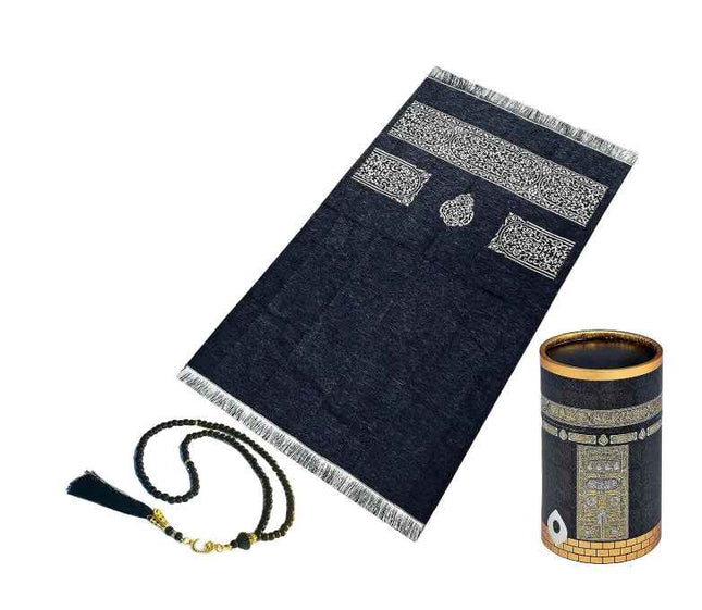 Kaaba Design Gift Boxed Portable Prayer Rug and Islamic Beads | Elegant Gift Pack | Islamic Gifts (Black)