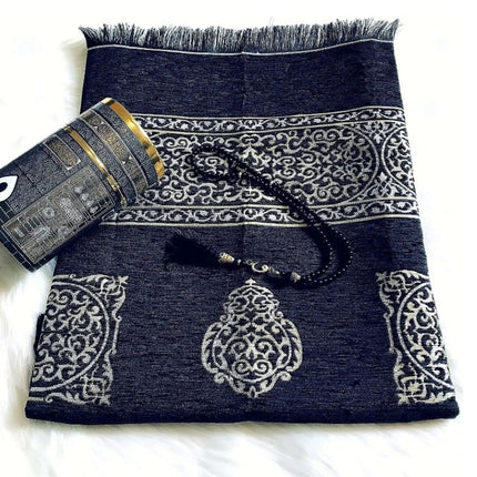 Kaaba Design Gift Boxed Portable Prayer Rug and Islamic Beads | Elegant Gift Pack | Islamic Gifts (Black)
